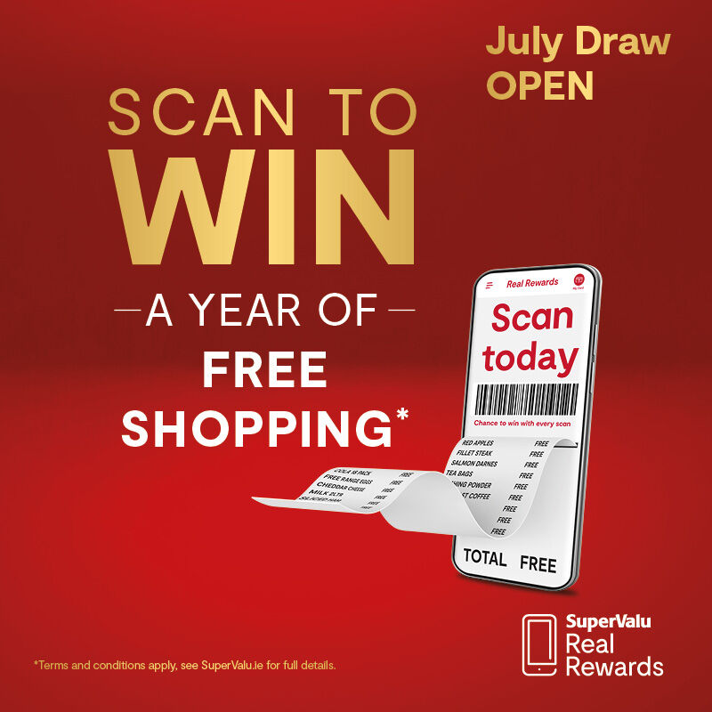 Scan To Win July • One Year Free Shopping gift card • €100 SuperValu e-gift card for EVERY Store